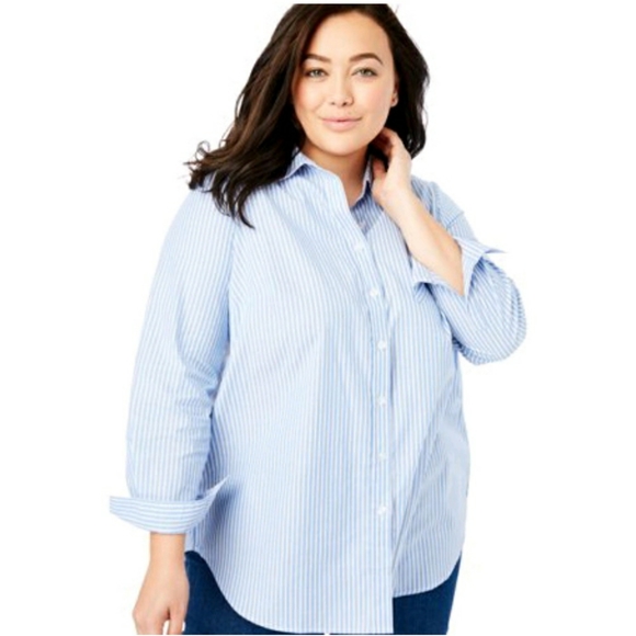 New! Woman Within Blue Striped Button Up Cotton - Picture 1 of 7